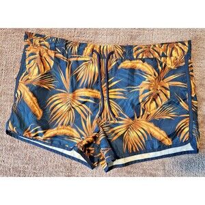 H&M Tropical Palm Leaf Print Swim Trunks Men's Navy and Gold Large
